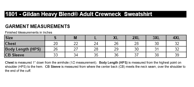 Gildan Heavy Blend Crewneck Sweatshirt Size Chart